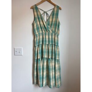 Sadie & Sage‎ Teal Gingham Tiered Midi Dress Surplice V-Neck Plaid Sun Womens L